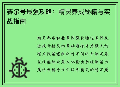 赛尔号最强攻略：精灵养成秘籍与实战指南