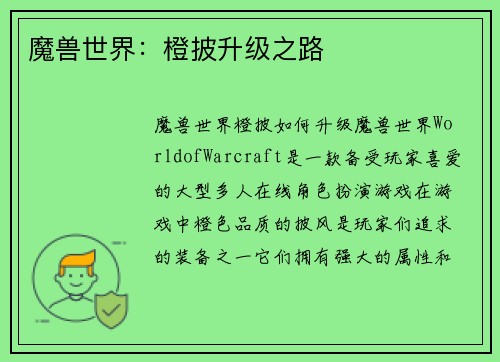 魔兽世界：橙披升级之路